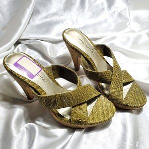 ANN MARINO olive green weave strappy slide cork platform heels  RAFFIA SZ 7